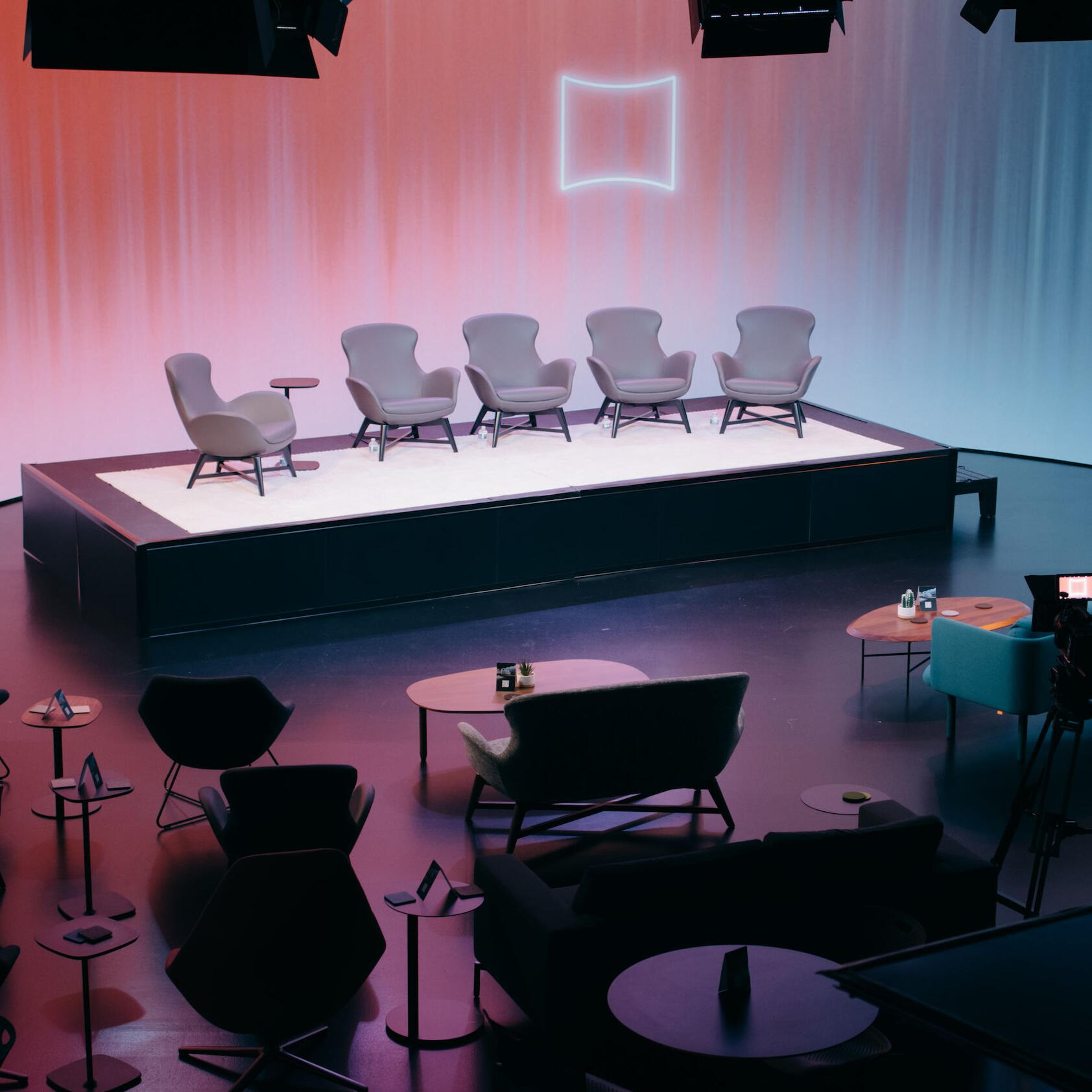 Studio A at Forge Virtual Studios set up with a stage for a panel event